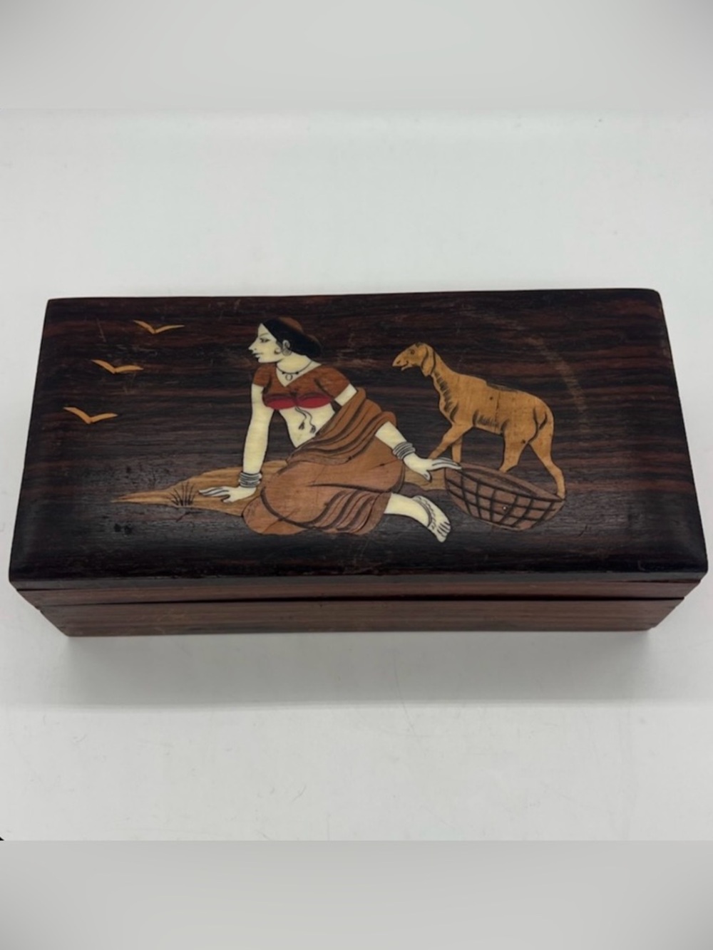Handmade Inlaid Wood Box Sudarsan India Lady Girl Basket Sheep Trinket Jewelry
